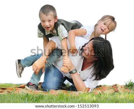 Funny family playing on the grass isolated on a white background.