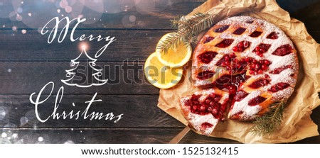 Beautiful greeting card with pie for Christmas celebration