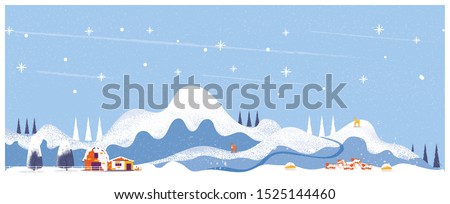Minimal Panorama Vector illustration of Countryside landscape in winter,banner of farm house or cattle farm.The blue  mountains or hill with snow fall,barn and pumpkin,windmill, antelope. deer and cow Royalty-Free Stock Photo #1525144460