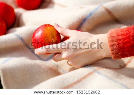 Red apple in the women's hand on the beige plaid 