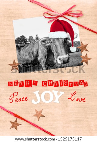 Funny cow with a Santa hat christmas greeting card, handmade collage with a red ribbon, text merry christmas, peace, joy, love 