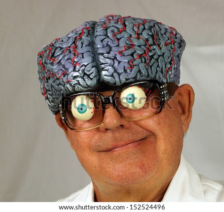 Close up portrait of a mad scientist, whose brain is coming out the top of his head
