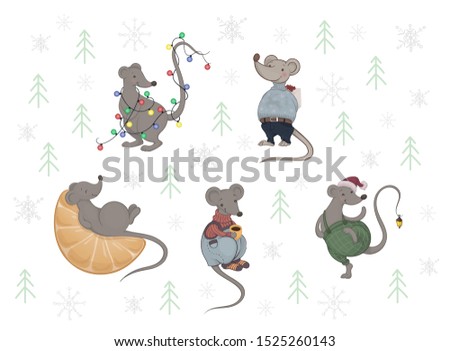 Vector set of cartoon cute gray mice in a warm clothing with present box, Christmas lights and mandarin on the white background with green firs and gray snowflakes