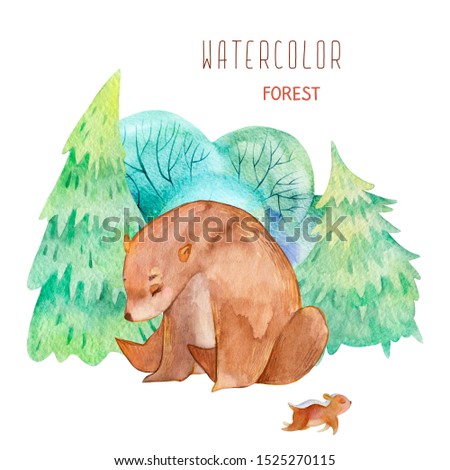 Watercolor print. Cute illustration. Forest and bear. Isolated from white background. Ideal for children. Hand drawn