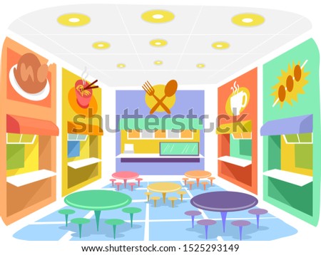 Illustration of an Indoor Food Court with Food Stalls, Tables and Chairs