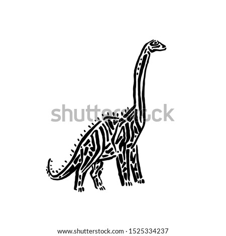 Ancient extinct jurassic brachiosaurus dinosaur vector illustration ink painted, hand drawn grunge prehistoric reptile, black isolated silhouette on white background.