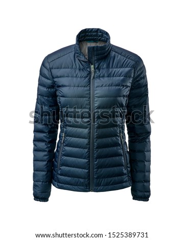 Women's navy blue warm sport puffer jacket isolated over white background. Ghost mannequin photography