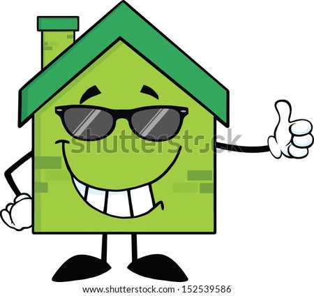 Green Eco House Cartoon Character With Sunglasses Giving A Thumb Up