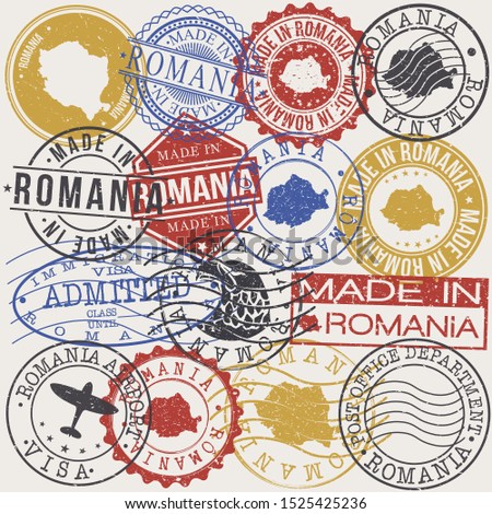 Romania Set of Stamps. Travel Passport Stamp. Made In Product. Design Seals Old Style Insignia. Icon Clip Art Vector.