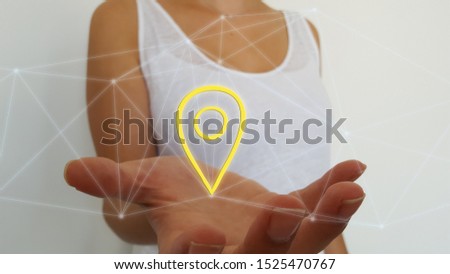 Woman on blurred background using digital localisation map