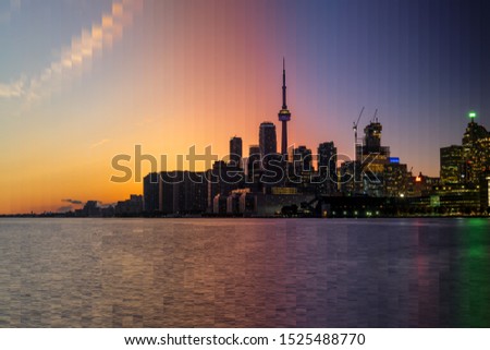 Toronto city skyline at sunset. Time slice technique, 48 vertical frames - image gets darker from left to right. Decor, wall art, artwork concept.