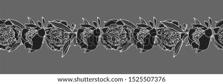 Hand drawn doodle style black peony flower wreath and seamless brush. floral design element. isolated on gray background. stock illustration