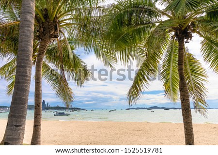 Coconut and palm trees on tropical sandy beach, ships on sea and blue sky