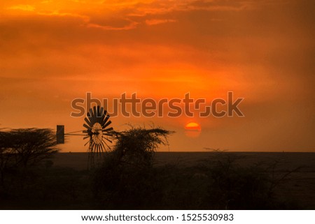 Windmill silhouette at the sunset at the savanna in Africa