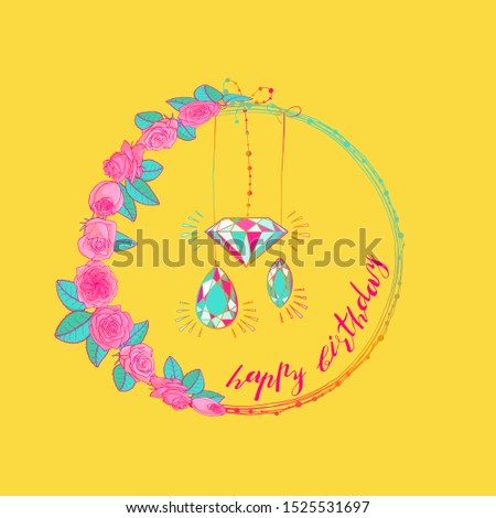 Hand drawn doodle style asymmetric wreath. vintage floral design element. isolated on yellow background. stock illustration.