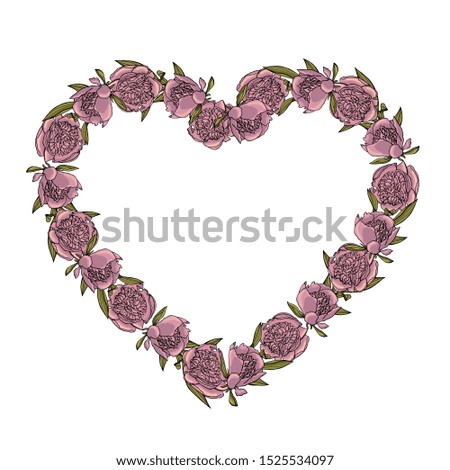 Hand drawn doodle style peony flower heart shaped wreath. floral design element. isolated on white background. stock illustration