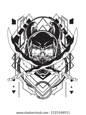 evil skull holding two swords black and white with sacred geometry background for tshirt design
