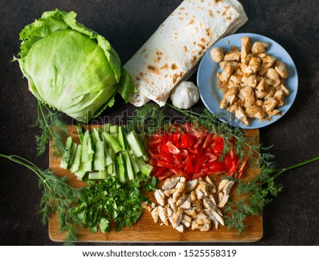 beautifully sliced vegetables and meat for cooking rolls