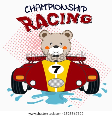 Happy bear  driving red sport car.  flat clip art. Modern  poster for prints, kids cards, t-shirts and other. Vector illustration
