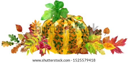 Horizontal composition of striped pumpkin and autumn leaves