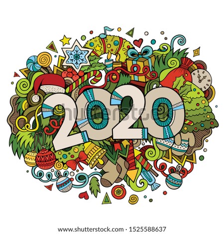 2020 hand drawn doodles illustration. New Year objects and elements poster design. Creative cartoon holidays art background. Colorful vector drawing