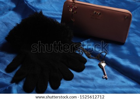 Pink wallet, Black glove and key necklace 