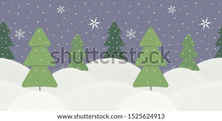 Cute minimalist winter border on blue background with snowflakes and Christmas trees or green spruces. Texture for decoration greeting cards for Christmas or New Year, websites,showcases. Vecto