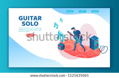 Guitar player 3d isometric infographic illustration, landing page template, man playing rock music at festival, concert show poster template, color icon