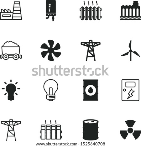 energy vector icon set such as: mineral, radioactivity, warming, river, drop, fossil fuels, alternative, smoke, market, fan, stream, propeller, transport, engine, rotation, system, source, glass