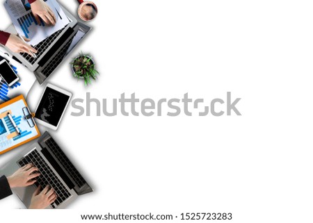 Businesswoman hands using smartphone mockup at the white office desk top view.
