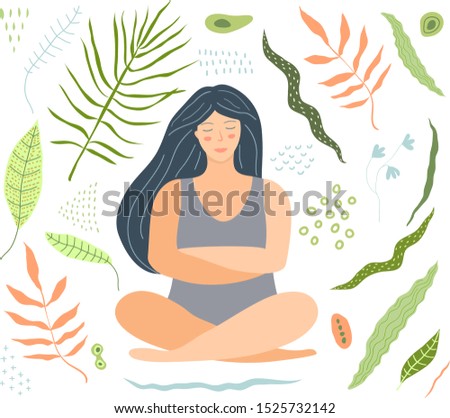 Yoga and relaxation woman sitting with floral decoration shapes clip art. Vector cartoon hand drawn design of beautiful woman sitting relaxing in yoga pose. Flat illustration.