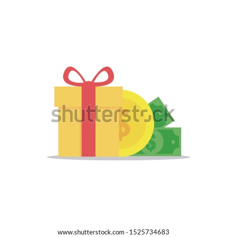 gift box with red ribbon, bonus money, earn points, loyalty program, win prize, cash back for purchase, birthday present, vector flat icon and white background