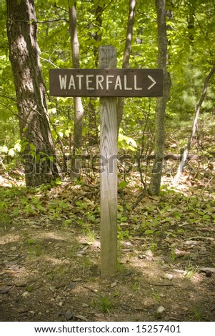 A sign post pointing to the direction of a waterfall.  Easily remove the text and make this sign say whatever you need.