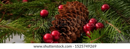 Christmas holiday picture in red and green colors,  cones, green spruce branches, red balls, berriesю Background for New Year and Christmas. Postcard.