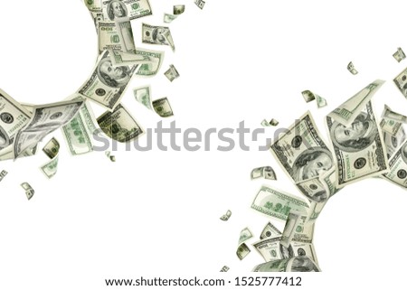 Money stack. Hundred dollars of America. Falling money isolated,