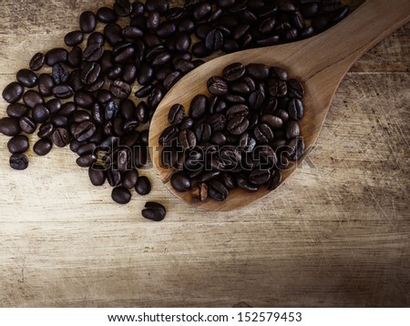 Coffee beans on a wooden ladle with wooden background