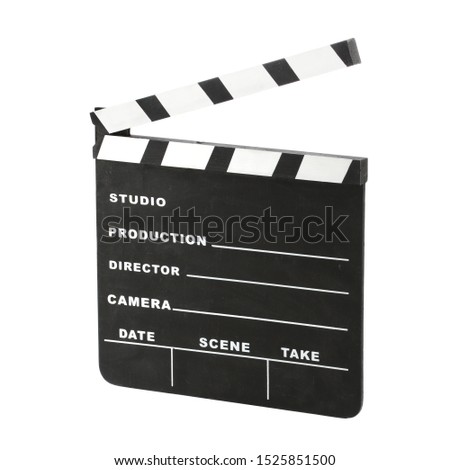 Classic hollywood chalk clapperboard angled right open isolated on a white background with clipping path