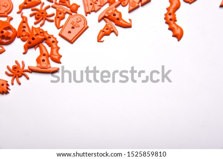 Halloween set decorations on white background.  top view