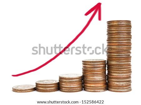 Columns of coins isolated with arrow