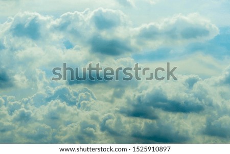 Beautiful blue sky and white cumulus clouds abstract background. Cloudscape background. Blue sky and fluffy white clouds on sunny day. Nature weather. Bright day sky for happy day background. 