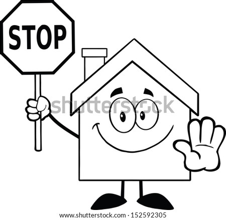 Black And White House Cartoon Character Holding A Stop Sign. Raster Illustration