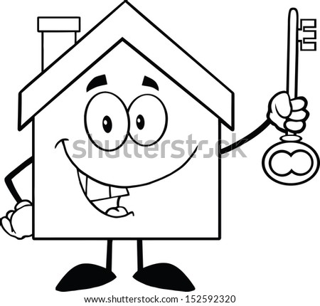 Back And White House Cartoon Character Holding Up A Key. Raster Illustration