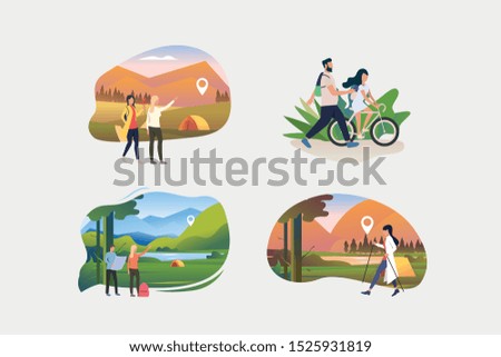 Set of hiking illustrations. People riding bikes outdoors, trekking to camp, hiking. Activity concept. Vector illustration for posters, banners, flyers