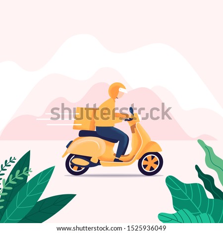 Delivery man riding a scooter. Man courier riding scooter with parcel box fast delivery concept. Royalty-Free Stock Photo #1525936049