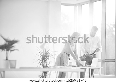 Black and white photo of businesswoman discussing plans with businessman in office