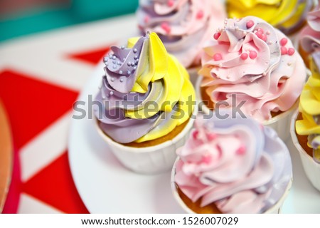 Beautiful and tasty cupcakes with fruit colored cream on a white plate. Set of delicious sweet desserts with cream. - Image