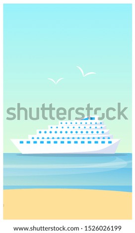 Business meeting poster with lettering and editable text sample sea ship birds clear sky beach sand isolated on raster illustration