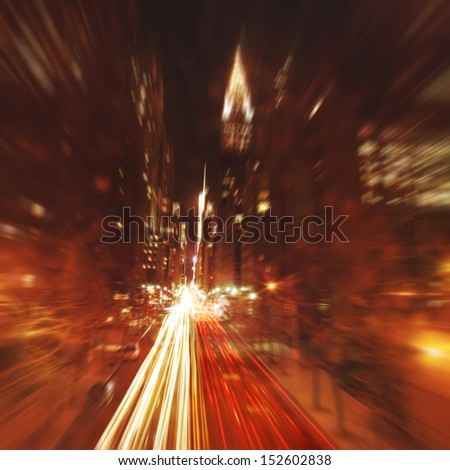 Motion blurred image of night traffic in New York City.