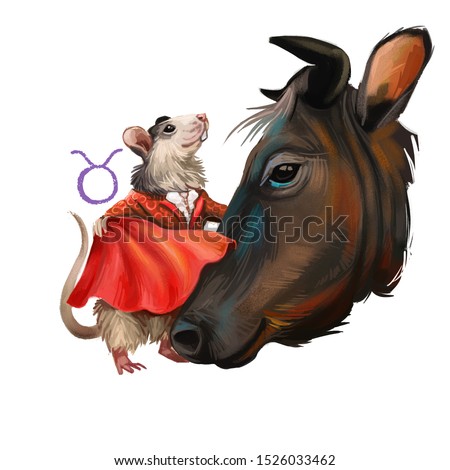 Taurus creative digital illustration of astrological sign. Rat or mouse symboll of 2020 year signs in zodiac. Horoscope earth element. Logo sign with bull horns. Graphic design clip art for web print