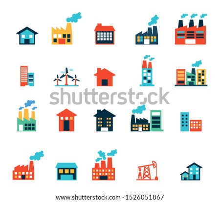 Factory and industry icon set design, Plant building industrial construction technology and manufacturing theme Vector illustration